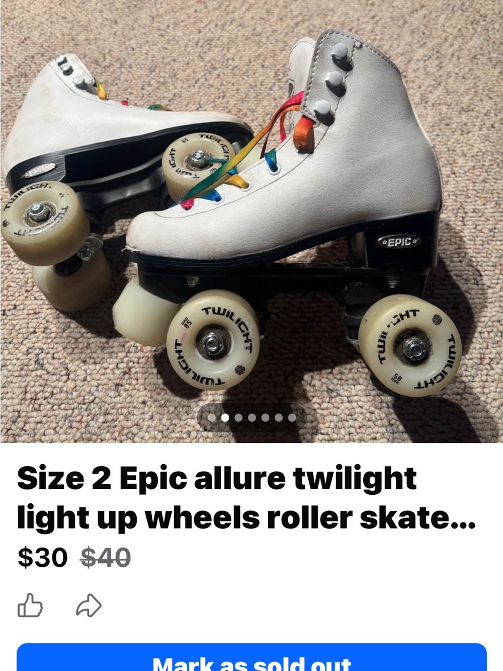 Eouc White Roller Skates with Rainbow light up wheels - Size 2